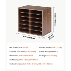VEVOR Wood Literature Organizer 12 Compartments Office Mailboxes Brown, Countertop Literature Sorter for Files Documents Papers, with Adjustable Shelves, for Office, Home, Classroom Organization