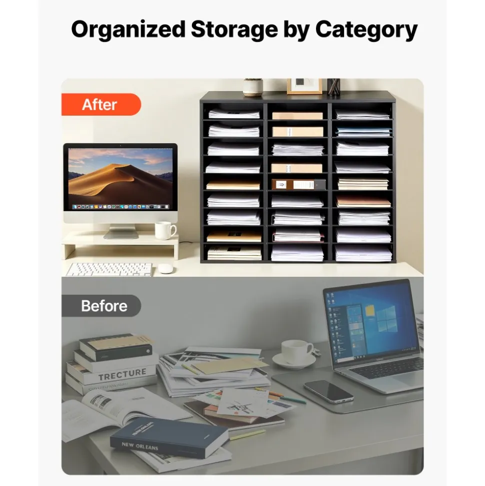 VEVOR Wood Literature Organizer 27 Compartments Office Mailboxes Black, Countertop Literature Sorter for Files Documents Papers, with Adjustable Shelves, for Office, Home, Classroom Organization
