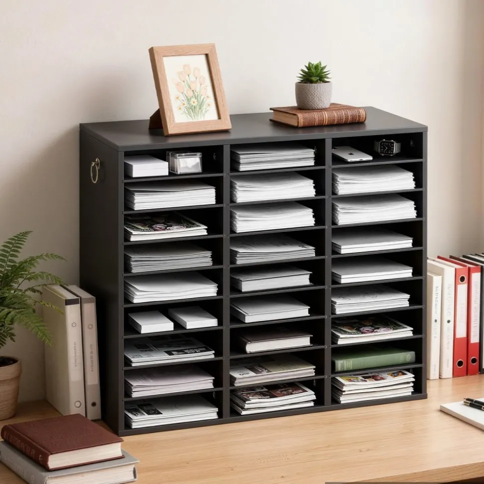 VEVOR Wood Literature Organizer 27 Compartments Office Mailboxes Black, Countertop Literature Sorter for Files Documents Papers, with Adjustable Shelves, for Office, Home, Classroom Organization
