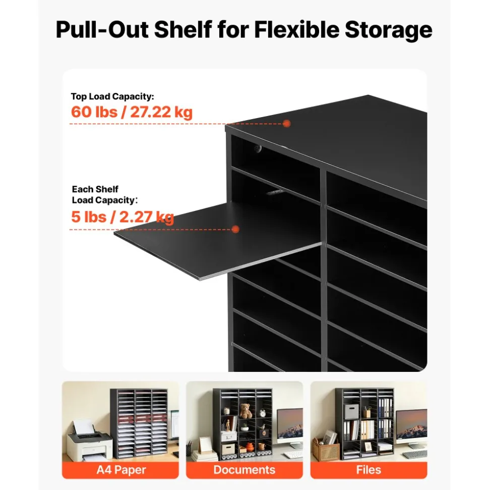 VEVOR Wood Literature Organizer 48 Compartments Office Mailboxes Black, Countertop Literature Sorter for Files Documents Papers, with Adjustable Shelves, for Office, Home, Classroom Organization