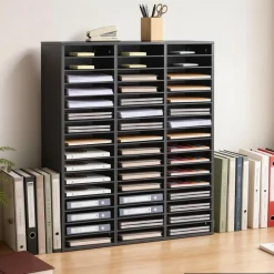 VEVOR Wood Literature Organizer 48 Compartments Office Mailboxes Black, Countertop Literature Sorter for Files Documents Papers, with Adjustable Shelves, for Office, Home, Classroom Organization