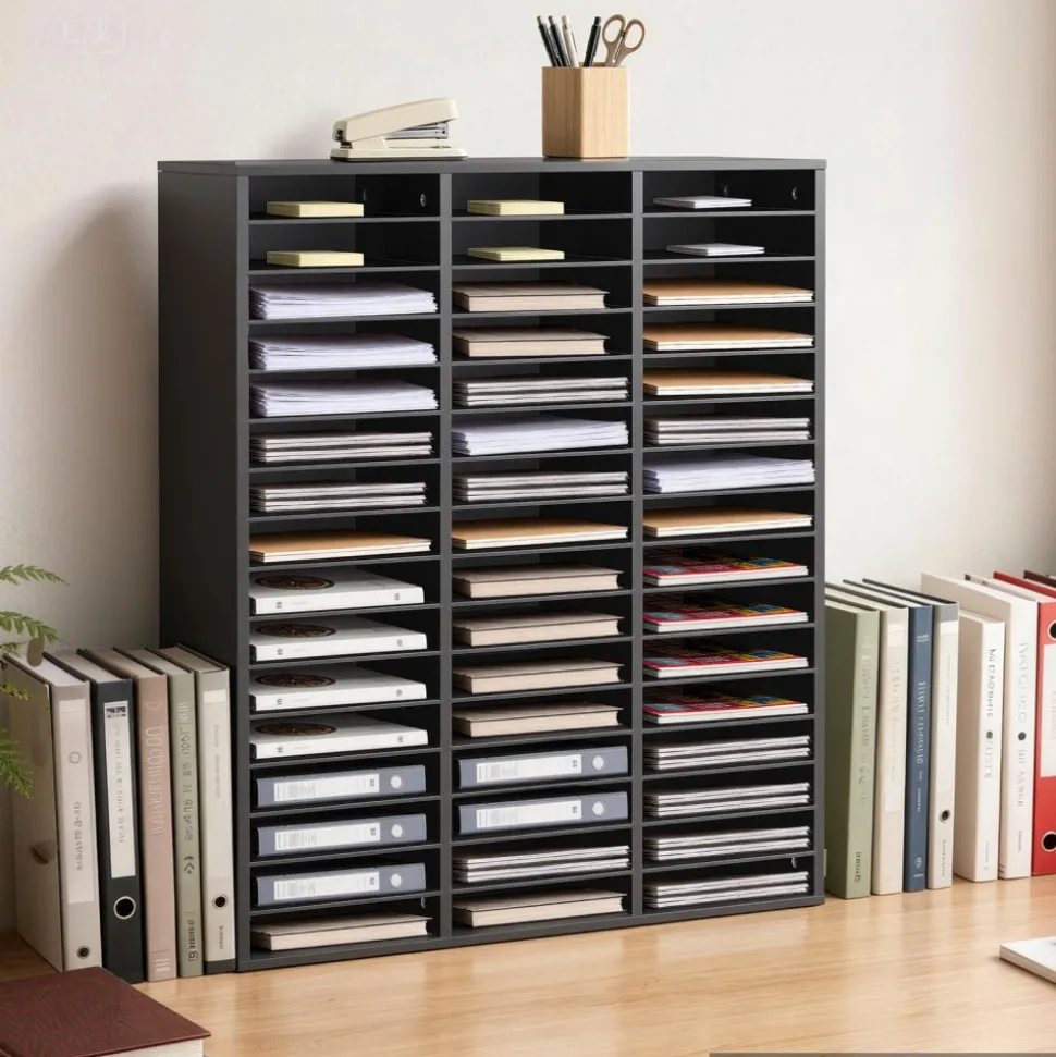 VEVOR Wood Literature Organizer 48 Compartments Office Mailboxes Black, Countertop Literature Sorter for Files Documents Papers, with Adjustable Shelves, for Office, Home, Classroom Organization