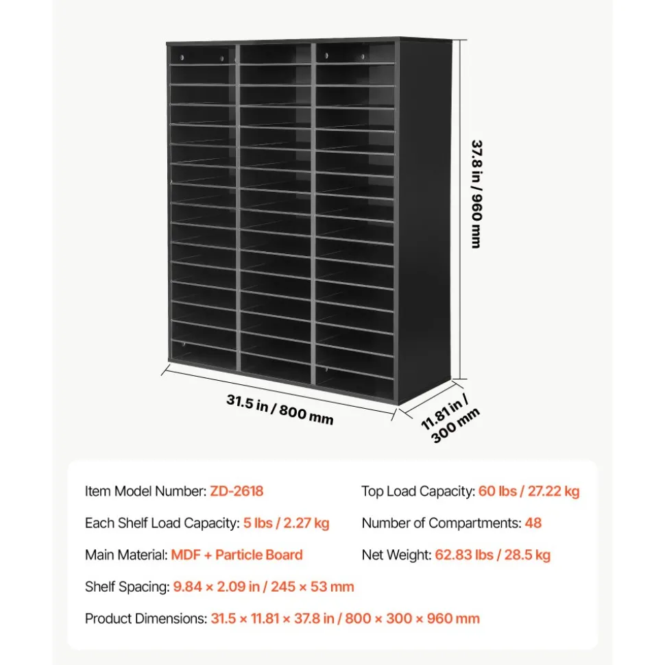 VEVOR Wood Literature Organizer 48 Compartments Office Mailboxes Black, Countertop Literature Sorter for Files Documents Papers, with Adjustable Shelves, for Office, Home, Classroom Organization