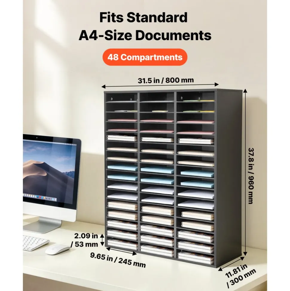 VEVOR Wood Literature Organizer 48 Compartments Office Mailboxes Black, Countertop Literature Sorter for Files Documents Papers, with Adjustable Shelves, for Office, Home, Classroom Organization