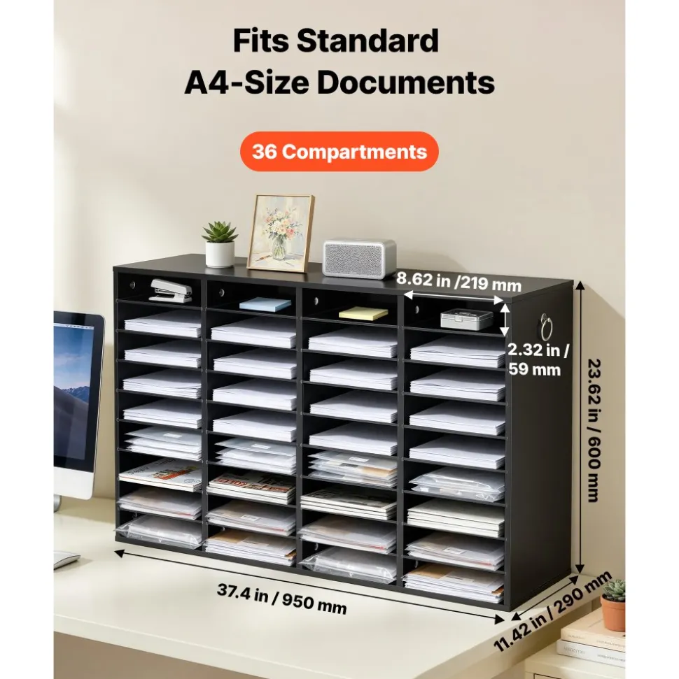 VEVOR Wood Literature Organizer 36 Compartments Office Mailboxes Black, Countertop Literature Sorter for Files Documents Papers, with Adjustable Shelves, for Office, Home, Classroom Organization