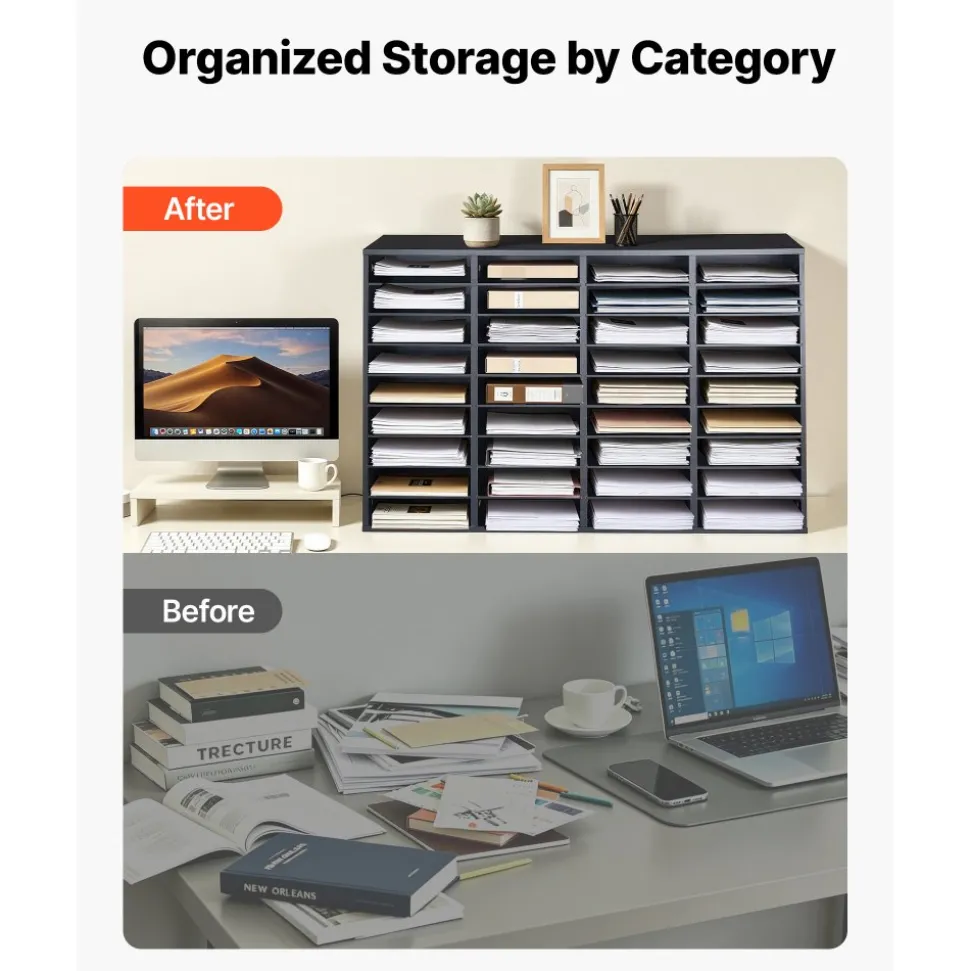 VEVOR Wood Literature Organizer 36 Compartments Office Mailboxes Black, Countertop Literature Sorter for Files Documents Papers, with Adjustable Shelves, for Office, Home, Classroom Organization
