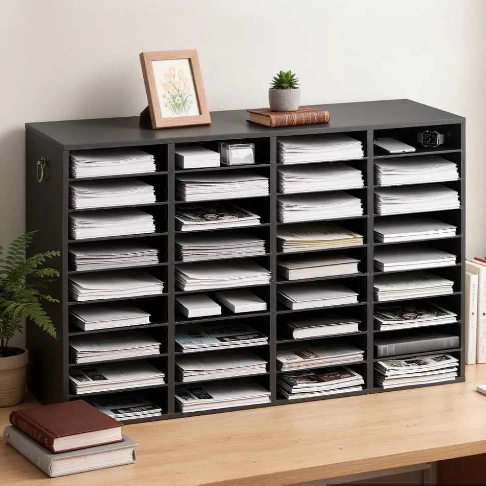 VEVOR Wood Literature Organizer 36 Compartments Office Mailboxes Black, Countertop Literature Sorter for Files Documents Papers, with Adjustable Shelves, for Office, Home, Classroom Organization