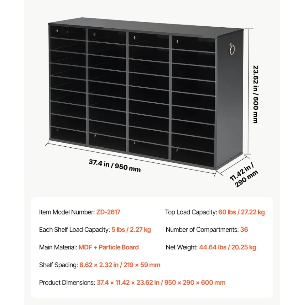 VEVOR Wood Literature Organizer 36 Compartments Office Mailboxes Black, Countertop Literature Sorter for Files Documents Papers, with Adjustable Shelves, for Office, Home, Classroom Organization