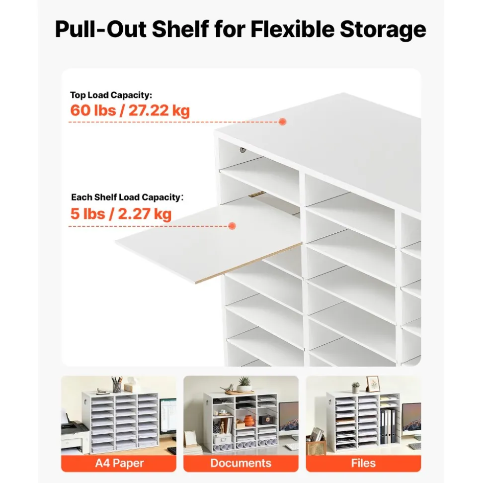 VEVOR Wood Literature Organizer 24 Compartments Office Mailboxes White, Countertop Literature Sorter for Files Documents Papers, with Adjustable Shelves, for Office, Home, Classroom Organization