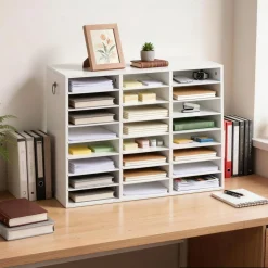 VEVOR Wood Literature Organizer 24 Compartments Office Mailboxes White, Countertop Literature Sorter for Files Documents Papers, with Adjustable Shelves, for Office, Home, Classroom Organization