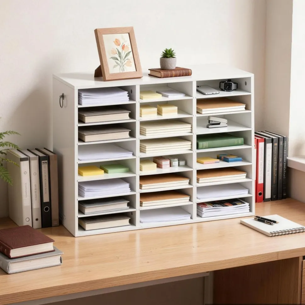 VEVOR Wood Literature Organizer 24 Compartments Office Mailboxes White, Countertop Literature Sorter for Files Documents Papers, with Adjustable Shelves, for Office, Home, Classroom Organization
