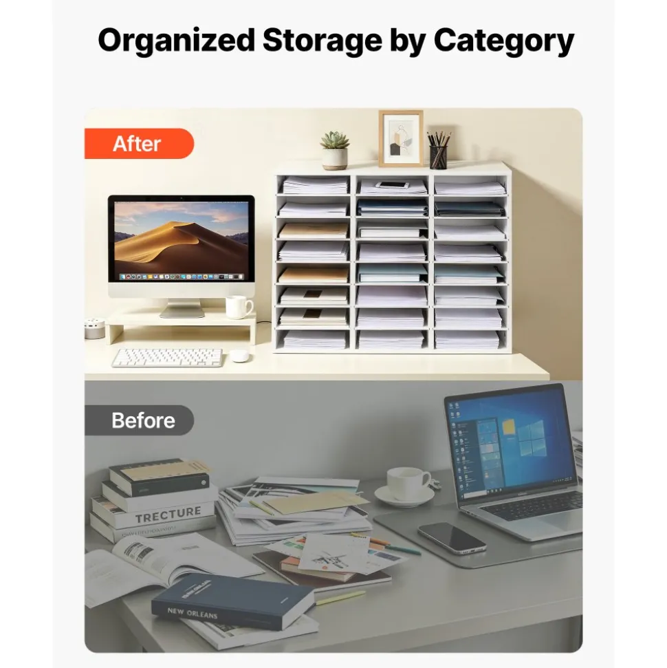 VEVOR Wood Literature Organizer 24 Compartments Office Mailboxes White, Countertop Literature Sorter for Files Documents Papers, with Adjustable Shelves, for Office, Home, Classroom Organization