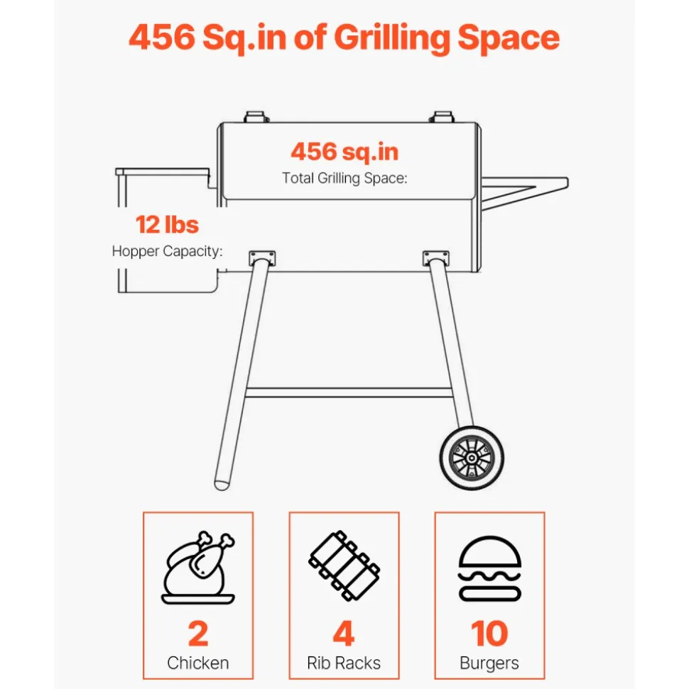 VEVOR Wood Pellet Grill Smoker, 8 in 1 BBQ Grills for Outdoor Cooking, 456 Square Inches Cook Area Electric Grill and Smoker, with Digital Controller, Meat Probe, 500°F Max Temperature, Black