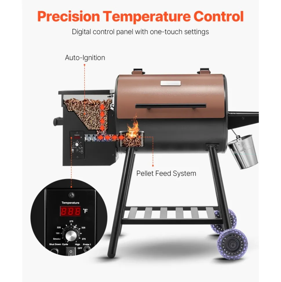 VEVOR Wood Pellet Grill Smoker, 8 in 1 BBQ Grills for Outdoor Cooking, 456 Square Inches Cook Area Electric Grill and Smoker, with Digital Controller, Meat Probe, 500°F Max Temperature, Black