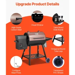 VEVOR Wood Pellet Grill Smoker, 8 in 1 BBQ Grills for Outdoor Cooking, 456 Square Inches Cook Area Electric Grill and Smoker, with Digital Controller, Meat Probe, 500°F Max Temperature, Black