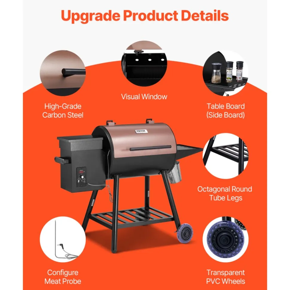 VEVOR Wood Pellet Grill Smoker, 8 in 1 BBQ Grills for Outdoor Cooking, 456 Square Inches Cook Area Electric Grill and Smoker, with Digital Controller, Meat Probe, 500°F Max Temperature, Black