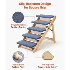 VEVOR Wood Pet Stairs, 5-Step Dog Stairs for Beds, Sofa & Cars, 150lbs Load Capacity, Floded Flat Design, Stable & Sturdy Cat & Dog Step Ladder for Small Medium Large Older Pet Puppy Essentials