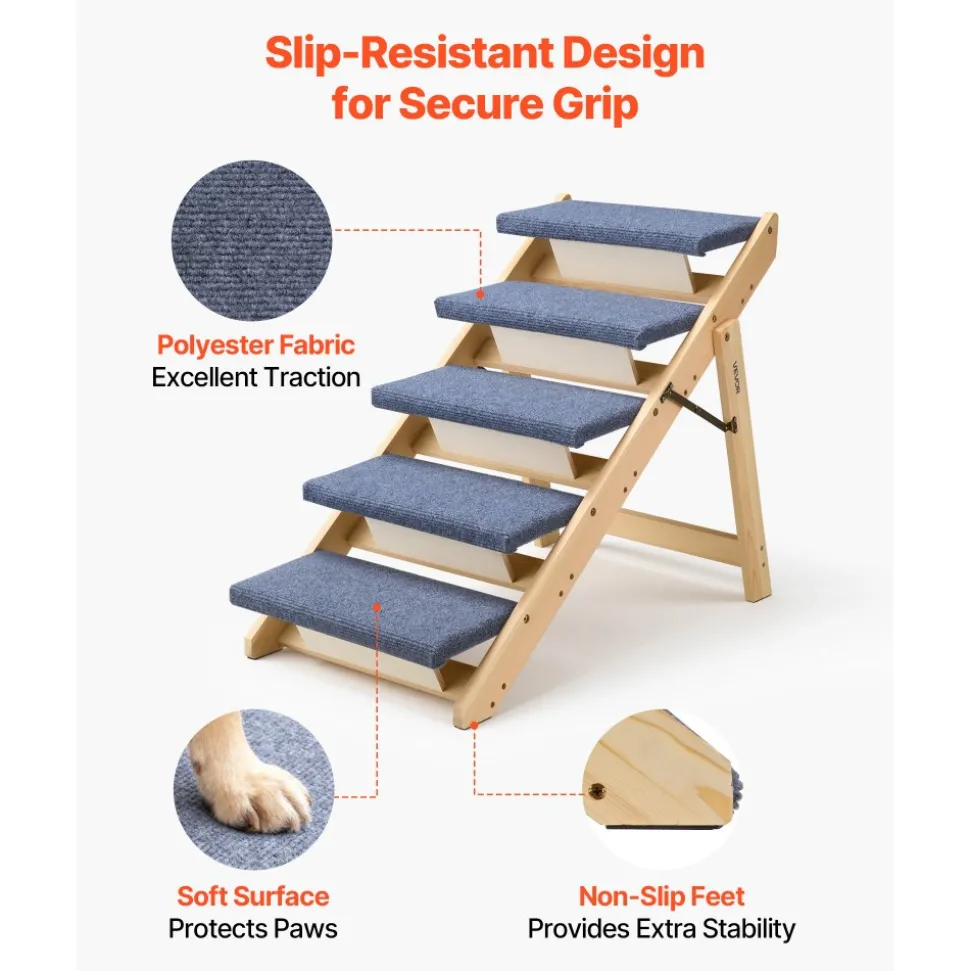 VEVOR Wood Pet Stairs, 5-Step Dog Stairs for Beds, Sofa & Cars, 150lbs Load Capacity, Floded Flat Design, Stable & Sturdy Cat & Dog Step Ladder for Small Medium Large Older Pet Puppy Essentials