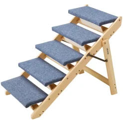 VEVOR Wood Pet Stairs, 5-Step Dog Stairs for Beds, Sofa & Cars, 150lbs Load Capacity, Floded Flat Design, Stable & Sturdy Cat & Dog Step Ladder for Small Medium Large Older Pet Puppy Essentials