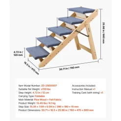 VEVOR Wood Pet Stairs, 5-Step Dog Stairs for Beds, Sofa & Cars, 150lbs Load Capacity, Floded Flat Design, Stable & Sturdy Cat & Dog Step Ladder for Small Medium Large Older Pet Puppy Essentials