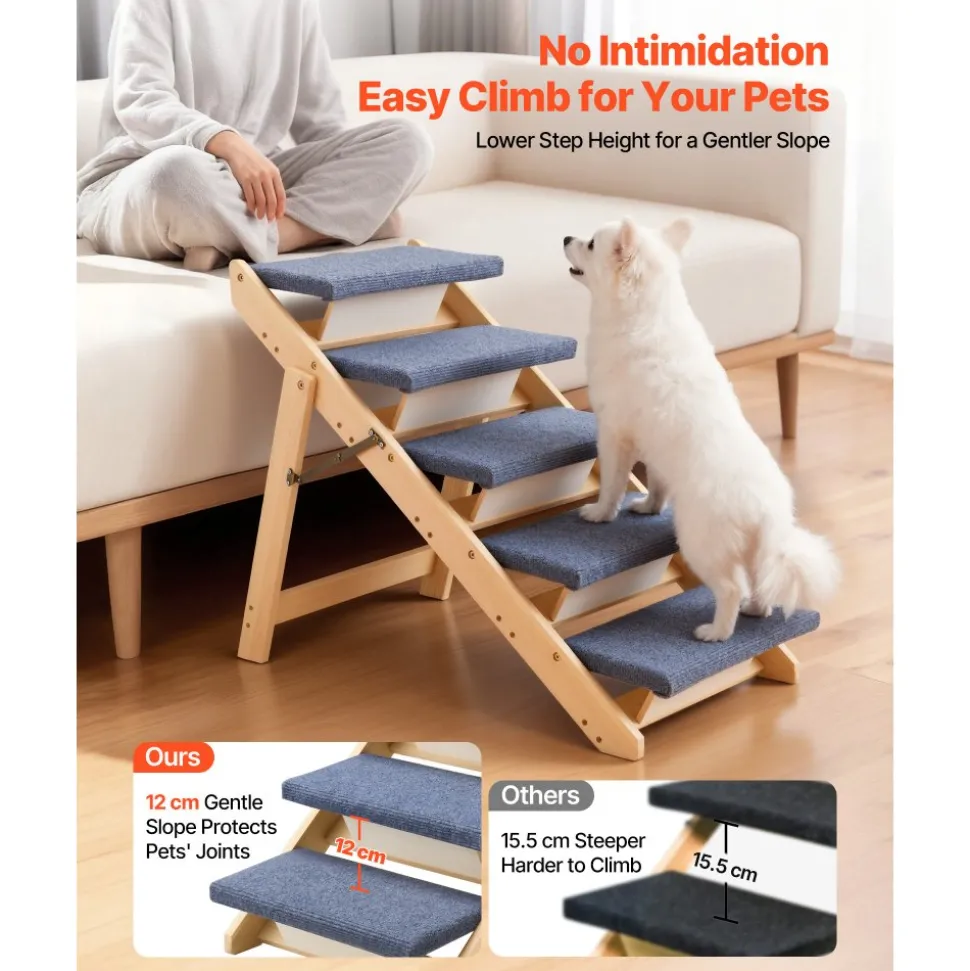 VEVOR Wood Pet Stairs, 5-Step Dog Stairs for Beds, Sofa & Cars, 150lbs Load Capacity, Floded Flat Design, Stable & Sturdy Cat & Dog Step Ladder for Small Medium Large Older Pet Puppy Essentials