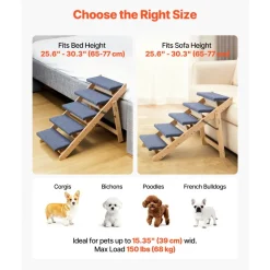 VEVOR Wood Pet Stairs, 5-Step Dog Stairs for Beds, Sofa & Cars, 150lbs Load Capacity, Floded Flat Design, Stable & Sturdy Cat & Dog Step Ladder for Small Medium Large Older Pet Puppy Essentials