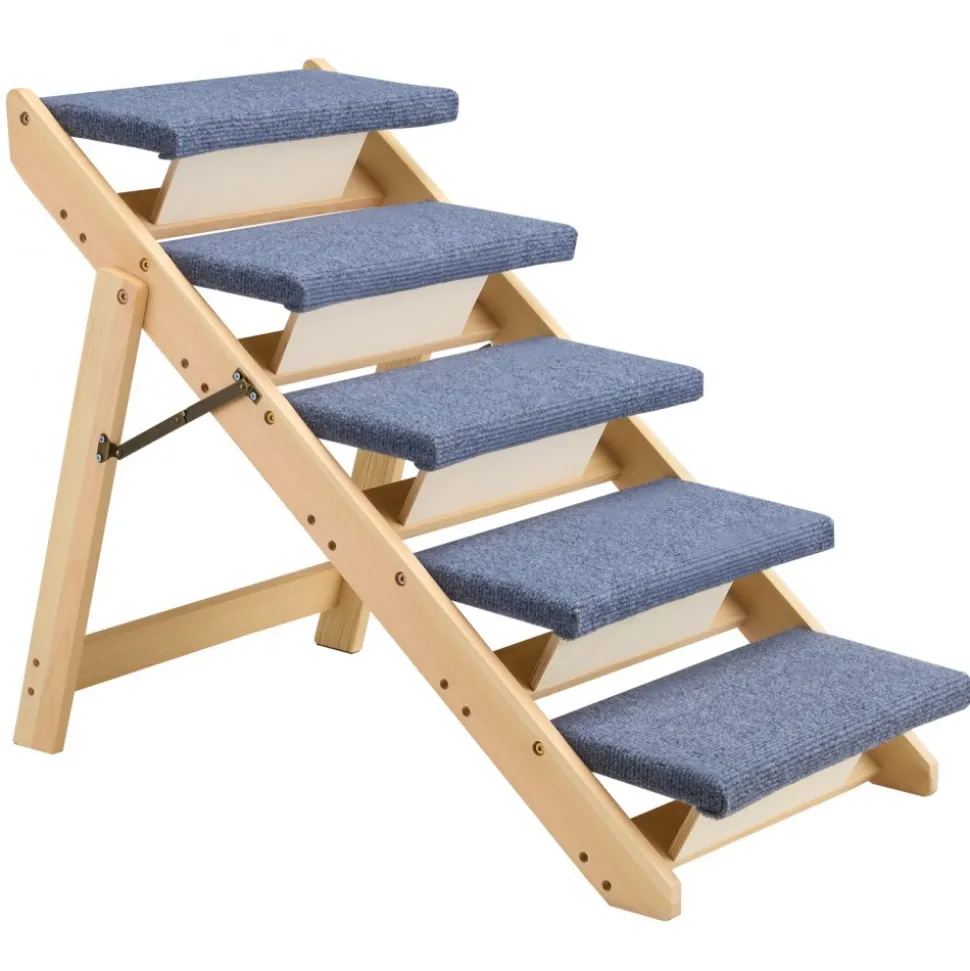 VEVOR Wood Pet Stairs, 5-Step Dog Stairs for Beds, Sofa & Cars, 150lbs Load Capacity, Floded Flat Design, Stable & Sturdy Cat & Dog Step Ladder for Small Medium Large Older Pet Puppy Essentials