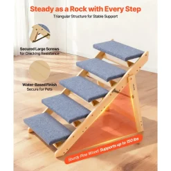 VEVOR Wood Pet Stairs, 5-Step Dog Stairs for Beds, Sofa & Cars, 150lbs Load Capacity, Floded Flat Design, Stable & Sturdy Cat & Dog Step Ladder for Small Medium Large Older Pet Puppy Essentials