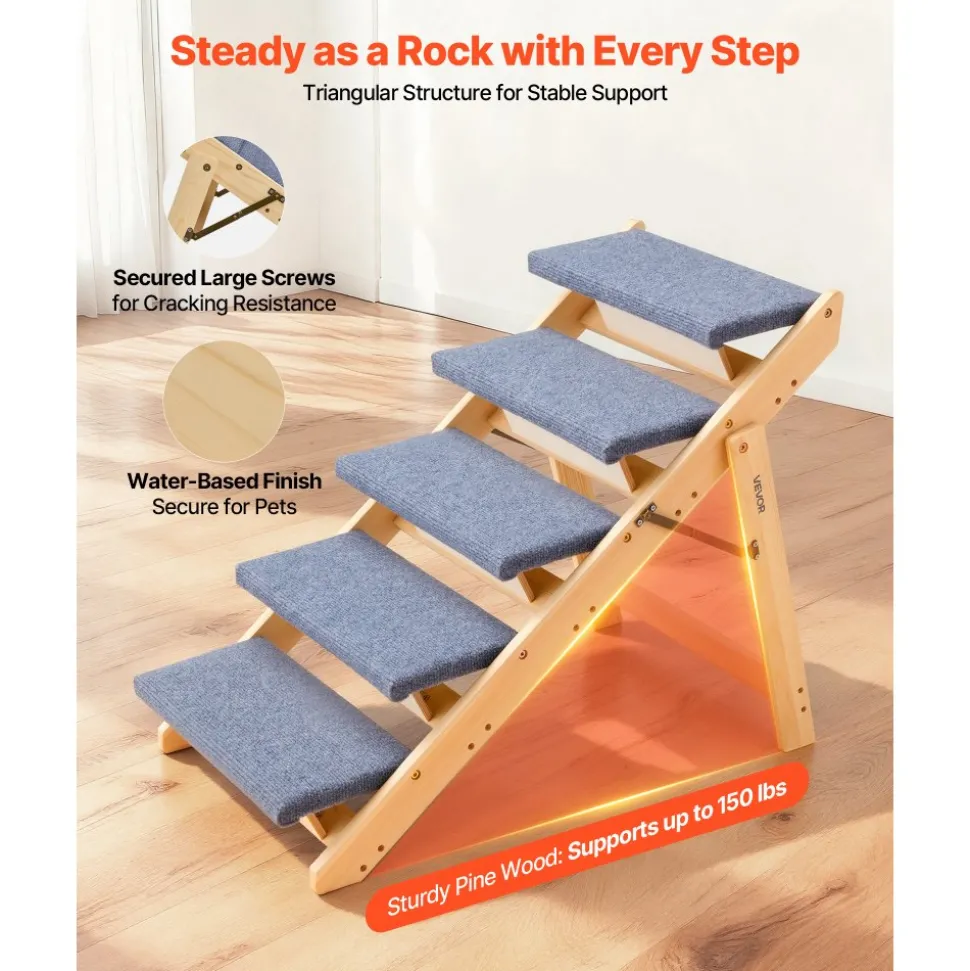 VEVOR Wood Pet Stairs, 5-Step Dog Stairs for Beds, Sofa & Cars, 150lbs Load Capacity, Floded Flat Design, Stable & Sturdy Cat & Dog Step Ladder for Small Medium Large Older Pet Puppy Essentials