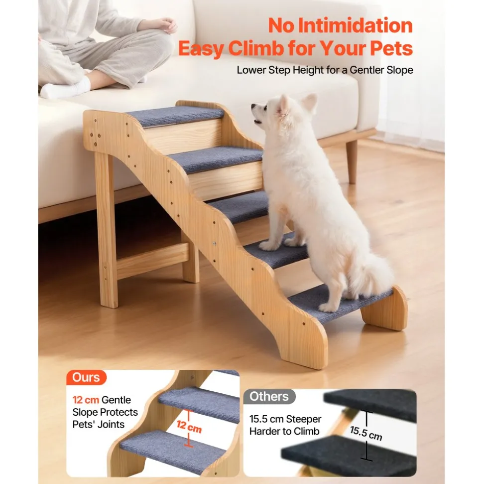 VEVOR Wood Pet Stairs, 5-Step Dog Stairs for High Beds, Sofa & Cars, 150lbs Load Capacity, Non-Slip Surface, Stable Cat & Dog Step Ladder for Small Medium Large Older Pet Puppy Essentials