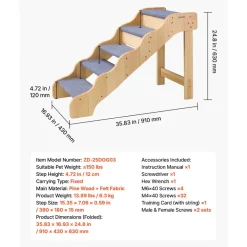 VEVOR Wood Pet Stairs, 5-Step Dog Stairs for High Beds, Sofa & Cars, 150lbs Load Capacity, Non-Slip Surface, Stable Cat & Dog Step Ladder for Small Medium Large Older Pet Puppy Essentials