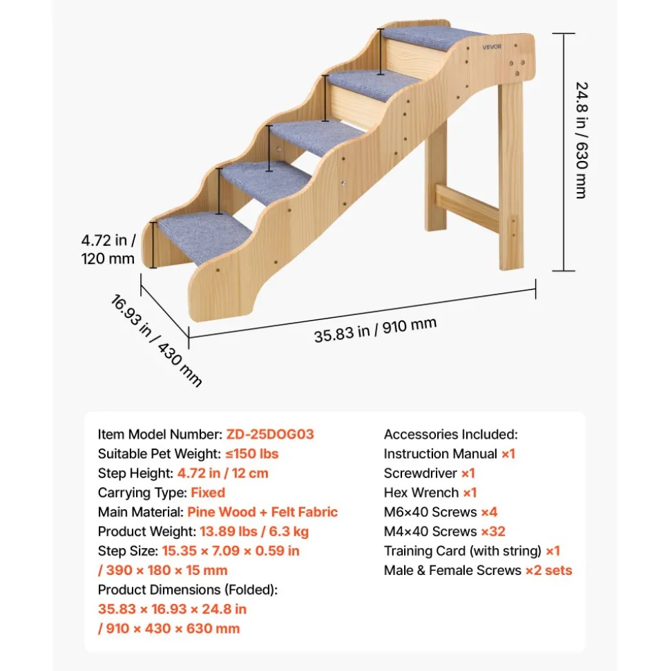 VEVOR Wood Pet Stairs, 5-Step Dog Stairs for High Beds, Sofa & Cars, 150lbs Load Capacity, Non-Slip Surface, Stable Cat & Dog Step Ladder for Small Medium Large Older Pet Puppy Essentials