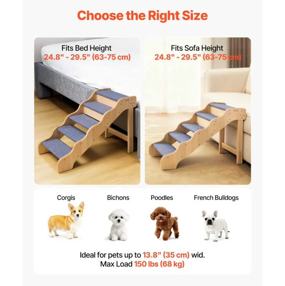 VEVOR Wood Pet Stairs, 5-Step Dog Stairs for High Beds, Sofa & Cars, 150lbs Load Capacity, Non-Slip Surface, Stable Cat & Dog Step Ladder for Small Medium Large Older Pet Puppy Essentials