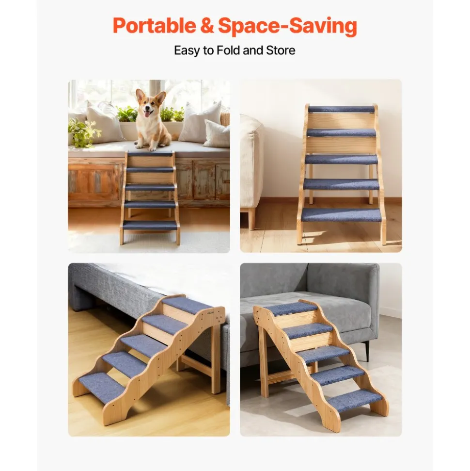 VEVOR Wood Pet Stairs, 5-Step Dog Stairs for High Beds, Sofa & Cars, 150lbs Load Capacity, Non-Slip Surface, Stable Cat & Dog Step Ladder for Small Medium Large Older Pet Puppy Essentials