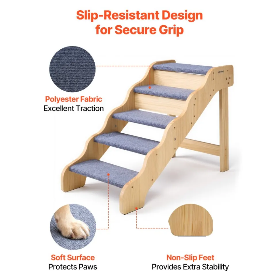 VEVOR Wood Pet Stairs, 5-Step Dog Stairs for High Beds, Sofa & Cars, 150lbs Load Capacity, Non-Slip Surface, Stable Cat & Dog Step Ladder for Small Medium Large Older Pet Puppy Essentials