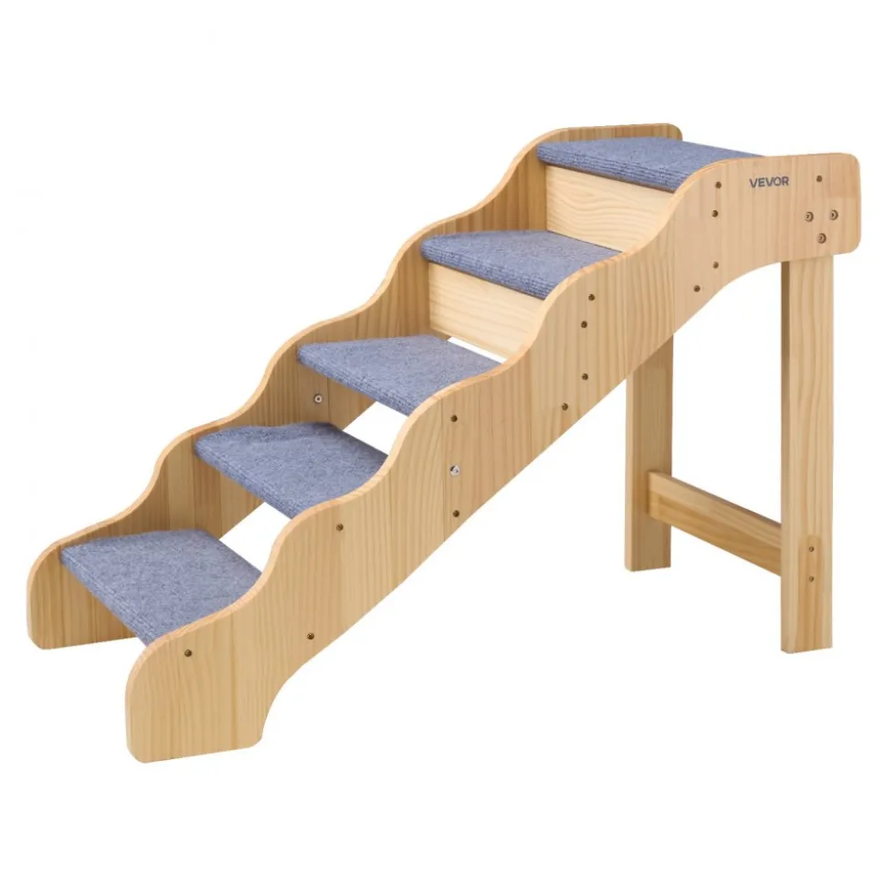 VEVOR Wood Pet Stairs, 5-Step Dog Stairs for High Beds, Sofa & Cars, 150lbs Load Capacity, Non-Slip Surface, Stable Cat & Dog Step Ladder for Small Medium Large Older Pet Puppy Essentials