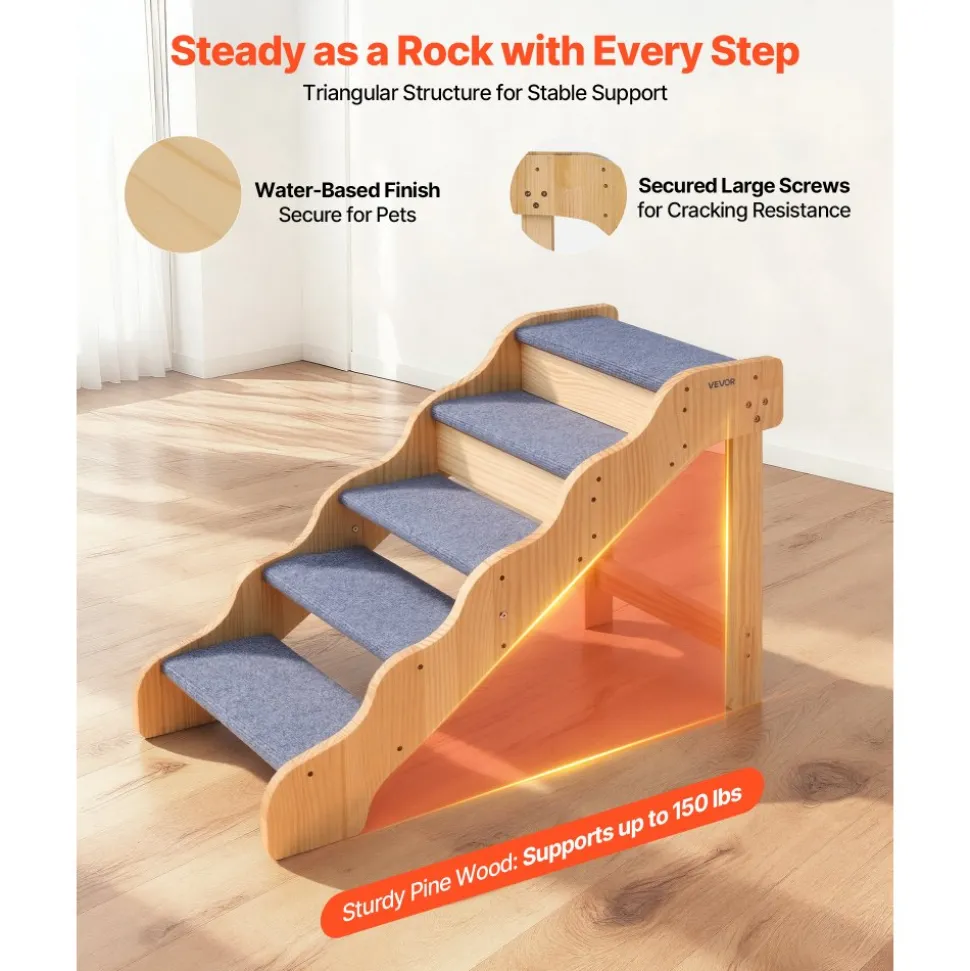 VEVOR Wood Pet Stairs, 5-Step Dog Stairs for High Beds, Sofa & Cars, 150lbs Load Capacity, Non-Slip Surface, Stable Cat & Dog Step Ladder for Small Medium Large Older Pet Puppy Essentials