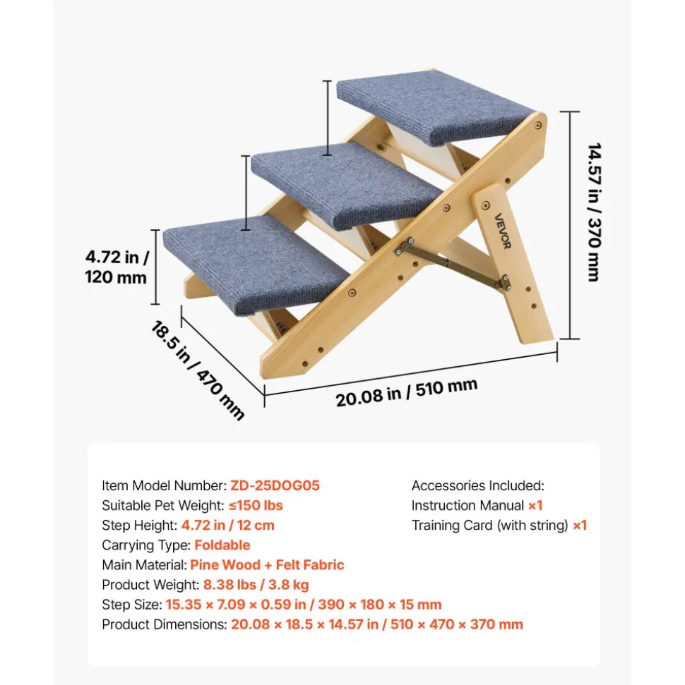 VEVOR Wood Pet Stairs, 3-Step Dog Stairs for Beds, Sofa & Cars, 150lbs Load Capacity, Floded Flat Design, Stable & Sturdy Cat & Dog Step Ladder for Small Medium Large Older Pet Puppy Essentials