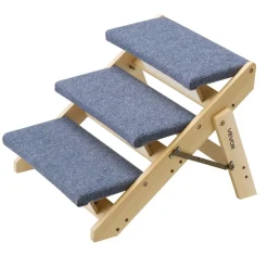 VEVOR Wood Pet Stairs, 3-Step Dog Stairs for Beds, Sofa & Cars, 150lbs Load Capacity, Floded Flat Design, Stable & Sturdy Cat & Dog Step Ladder for Small Medium Large Older Pet Puppy Essentials