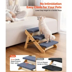 VEVOR Wood Pet Stairs, 3-Step Dog Stairs for Beds, Sofa & Cars, 150lbs Load Capacity, Floded Flat Design, Stable & Sturdy Cat & Dog Step Ladder for Small Medium Large Older Pet Puppy Essentials