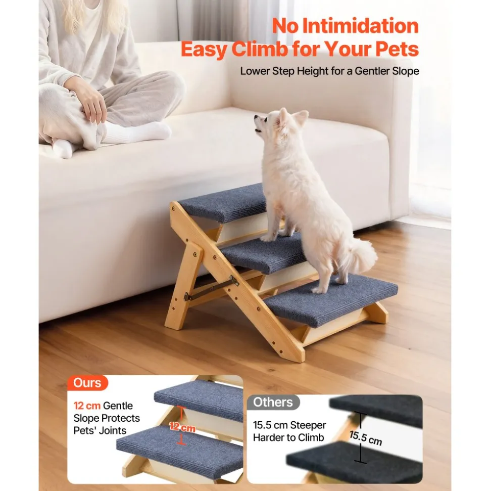 VEVOR Wood Pet Stairs, 3-Step Dog Stairs for Beds, Sofa & Cars, 150lbs Load Capacity, Floded Flat Design, Stable & Sturdy Cat & Dog Step Ladder for Small Medium Large Older Pet Puppy Essentials