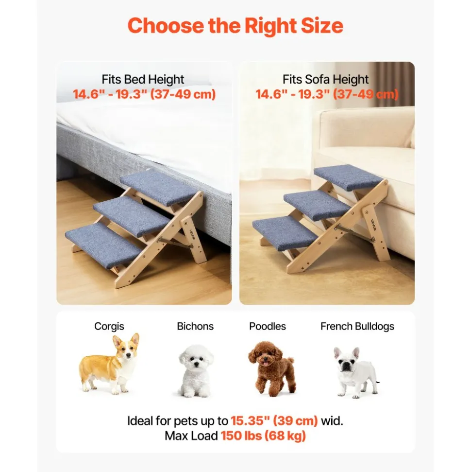 VEVOR Wood Pet Stairs, 3-Step Dog Stairs for Beds, Sofa & Cars, 150lbs Load Capacity, Floded Flat Design, Stable & Sturdy Cat & Dog Step Ladder for Small Medium Large Older Pet Puppy Essentials