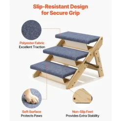VEVOR Wood Pet Stairs, 3-Step Dog Stairs for Beds, Sofa & Cars, 150lbs Load Capacity, Floded Flat Design, Stable & Sturdy Cat & Dog Step Ladder for Small Medium Large Older Pet Puppy Essentials