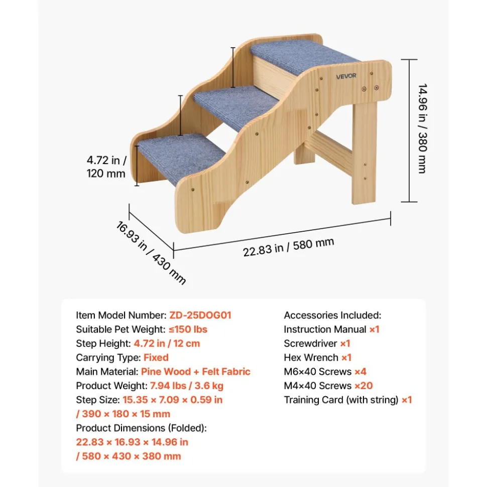 VEVOR Wood Pet Stairs, 4-Step Dog Stairs for Beds, Sofa & Cars, 150 lbss Load Capacity, Floded Flat Design, Stable & Sturdy Cat & Dog Step Ladder for Small Medium Large Older Pet Puppy Essentials