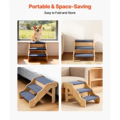 VEVOR Wood Pet Stairs, 4-Step Dog Stairs for Beds, Sofa & Cars, 150 lbss Load Capacity, Floded Flat Design, Stable & Sturdy Cat & Dog Step Ladder for Small Medium Large Older Pet Puppy Essentials