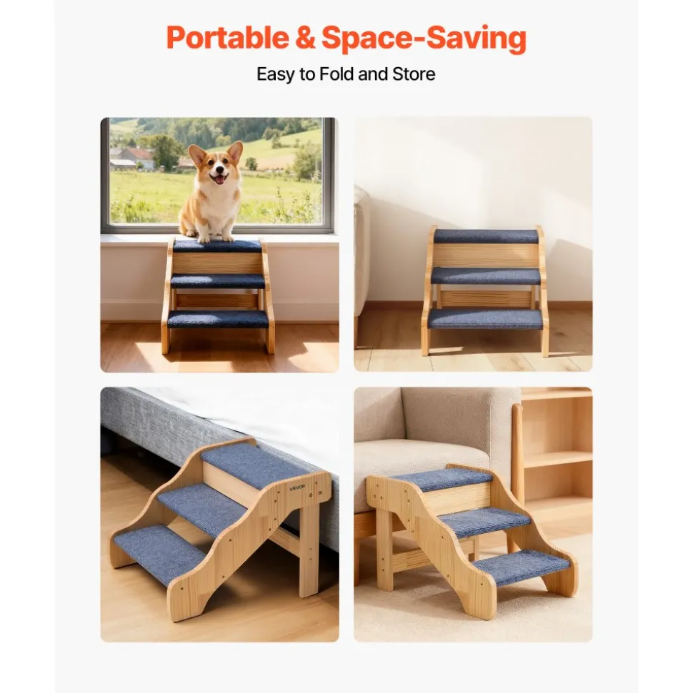 VEVOR Wood Pet Stairs, 4-Step Dog Stairs for Beds, Sofa & Cars, 150 lbss Load Capacity, Floded Flat Design, Stable & Sturdy Cat & Dog Step Ladder for Small Medium Large Older Pet Puppy Essentials