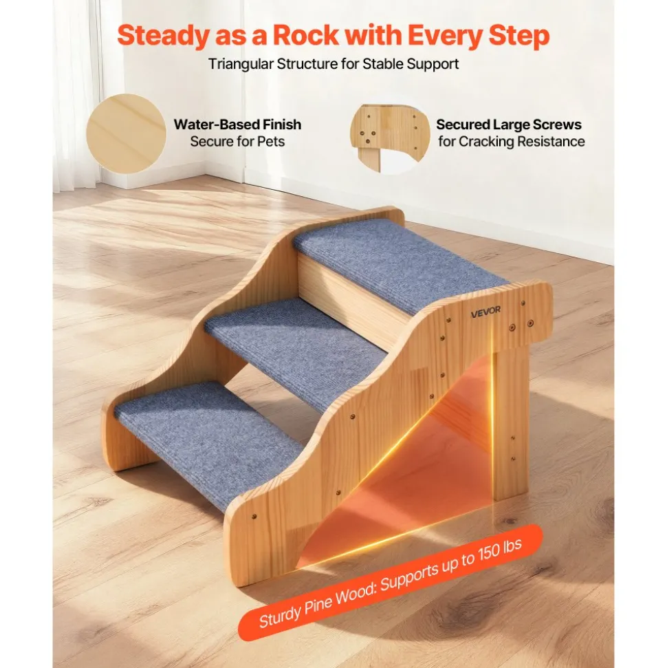 VEVOR Wood Pet Stairs, 4-Step Dog Stairs for Beds, Sofa & Cars, 150 lbss Load Capacity, Floded Flat Design, Stable & Sturdy Cat & Dog Step Ladder for Small Medium Large Older Pet Puppy Essentials