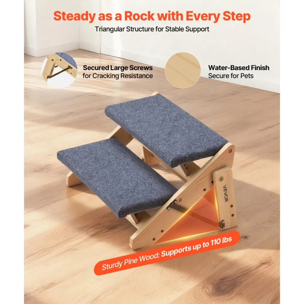 VEVOR Wood Pet Stairs, 2-Step Dog Stairs for Beds, Sofa & Cars, 110lbs Load Capacity, Floded Flat Design, Stable & Sturdy Cat & Dog Step Ladder for Small Medium Large Older Pet Puppy Essentials
