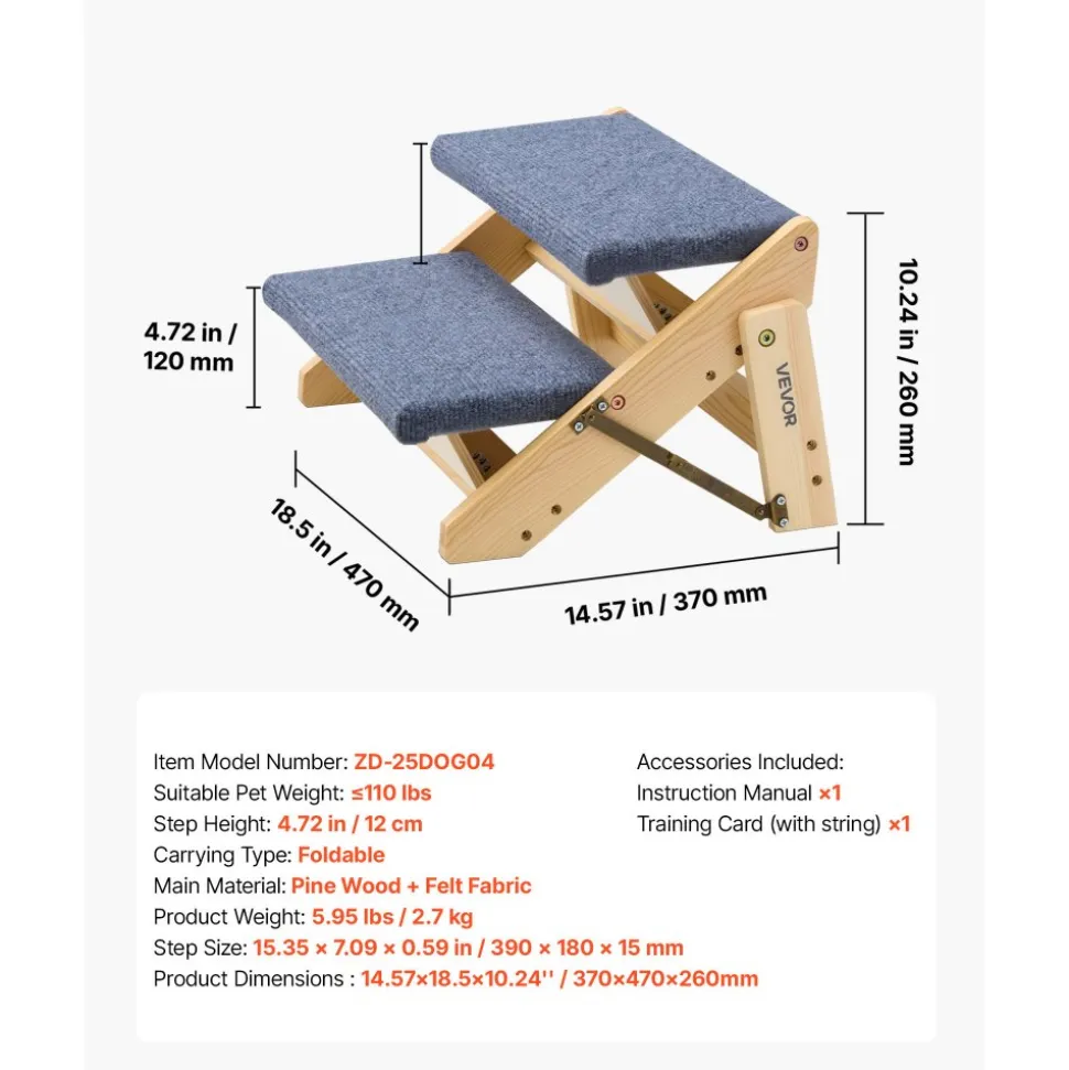 VEVOR Wood Pet Stairs, 2-Step Dog Stairs for Beds, Sofa & Cars, 110lbs Load Capacity, Floded Flat Design, Stable & Sturdy Cat & Dog Step Ladder for Small Medium Large Older Pet Puppy Essentials