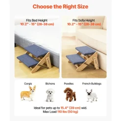 VEVOR Wood Pet Stairs, 2-Step Dog Stairs for Beds, Sofa & Cars, 110lbs Load Capacity, Floded Flat Design, Stable & Sturdy Cat & Dog Step Ladder for Small Medium Large Older Pet Puppy Essentials